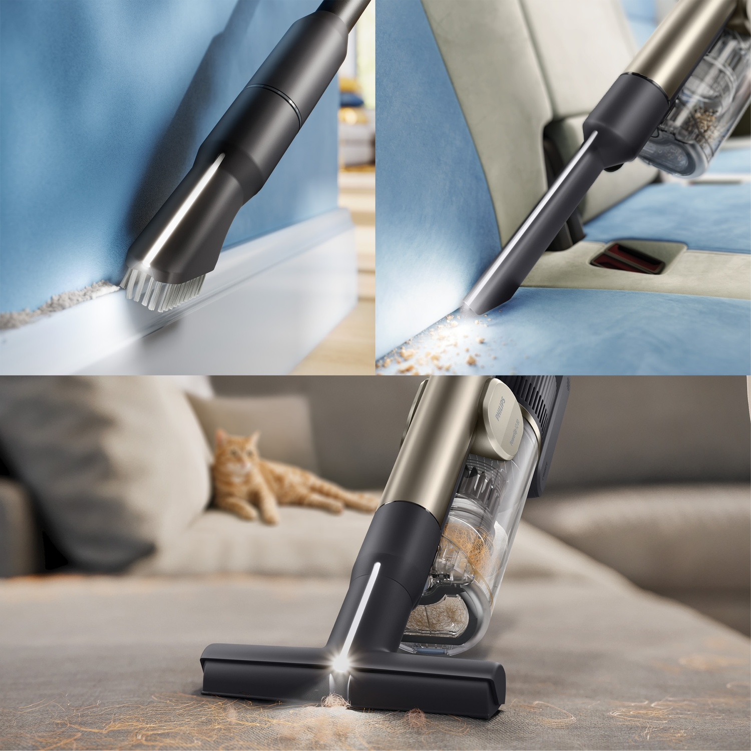 A cordless vacuum cleans corners, car seats, and pet hair off a couch, with a cat in the background.