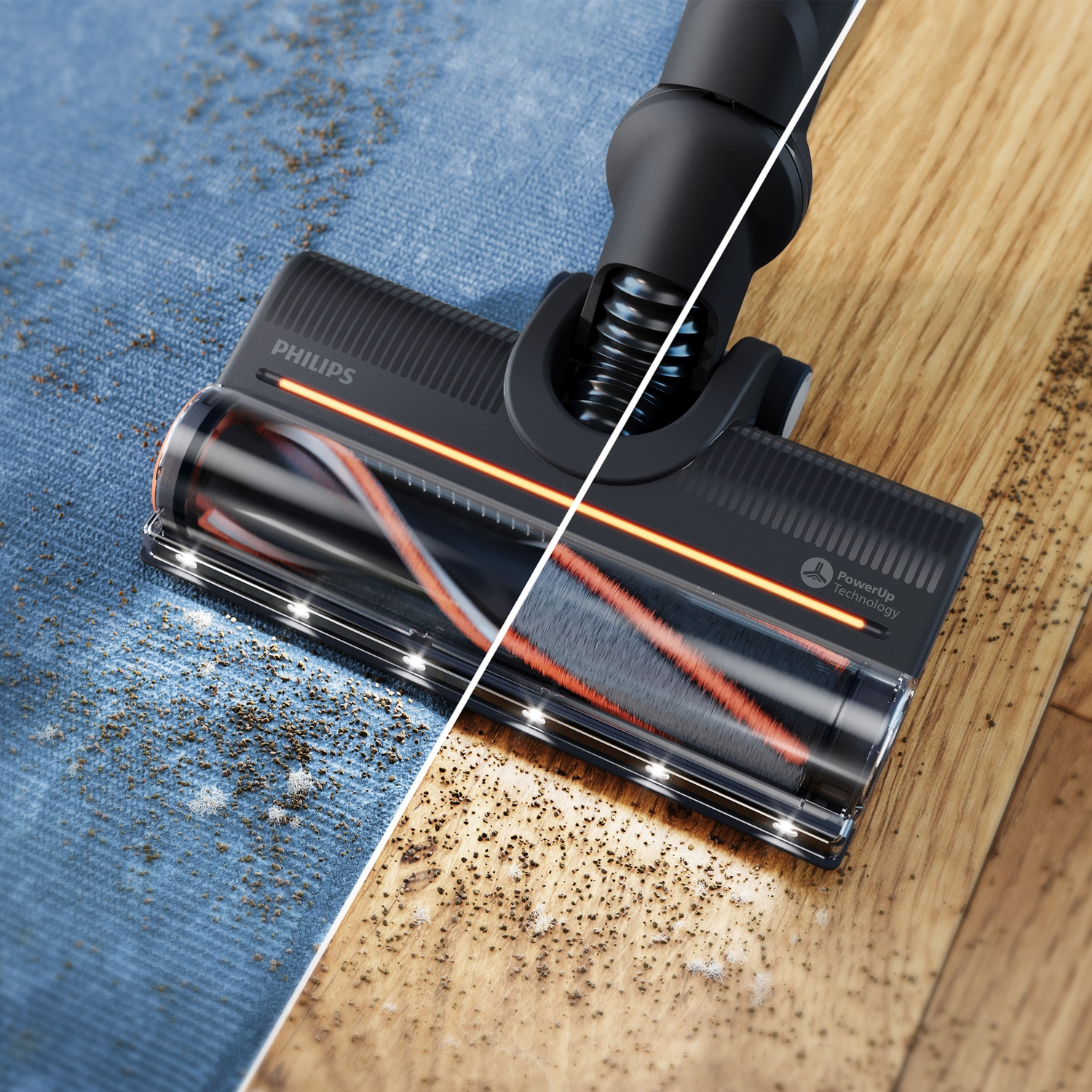 A Philips vacuum cleaner head cleans blue carpet and wooden floor simultaneously.