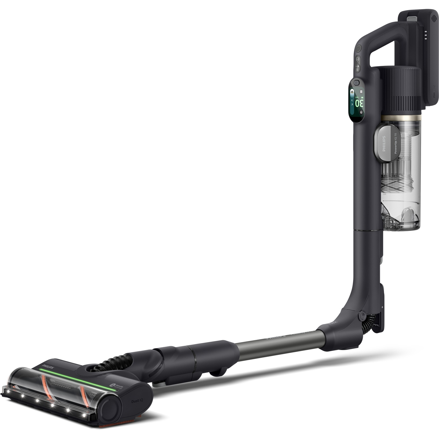 Dark grey cordless vacuum with flexible tube and illuminated floor nozzle against a white background.