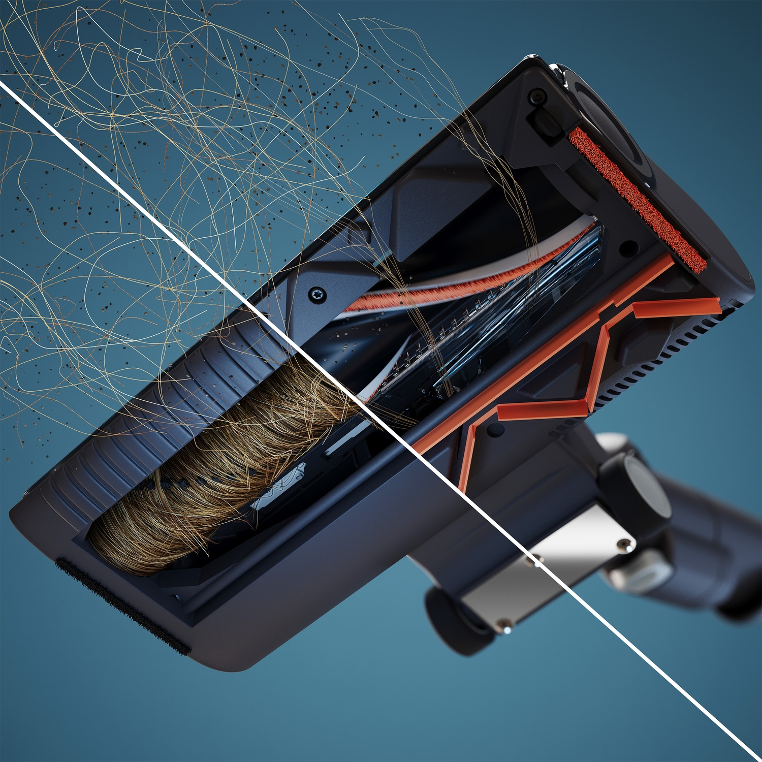 A vacuum cleaner head splits the view, showing hair wrapped around the roller on the left and a clean one on the right.