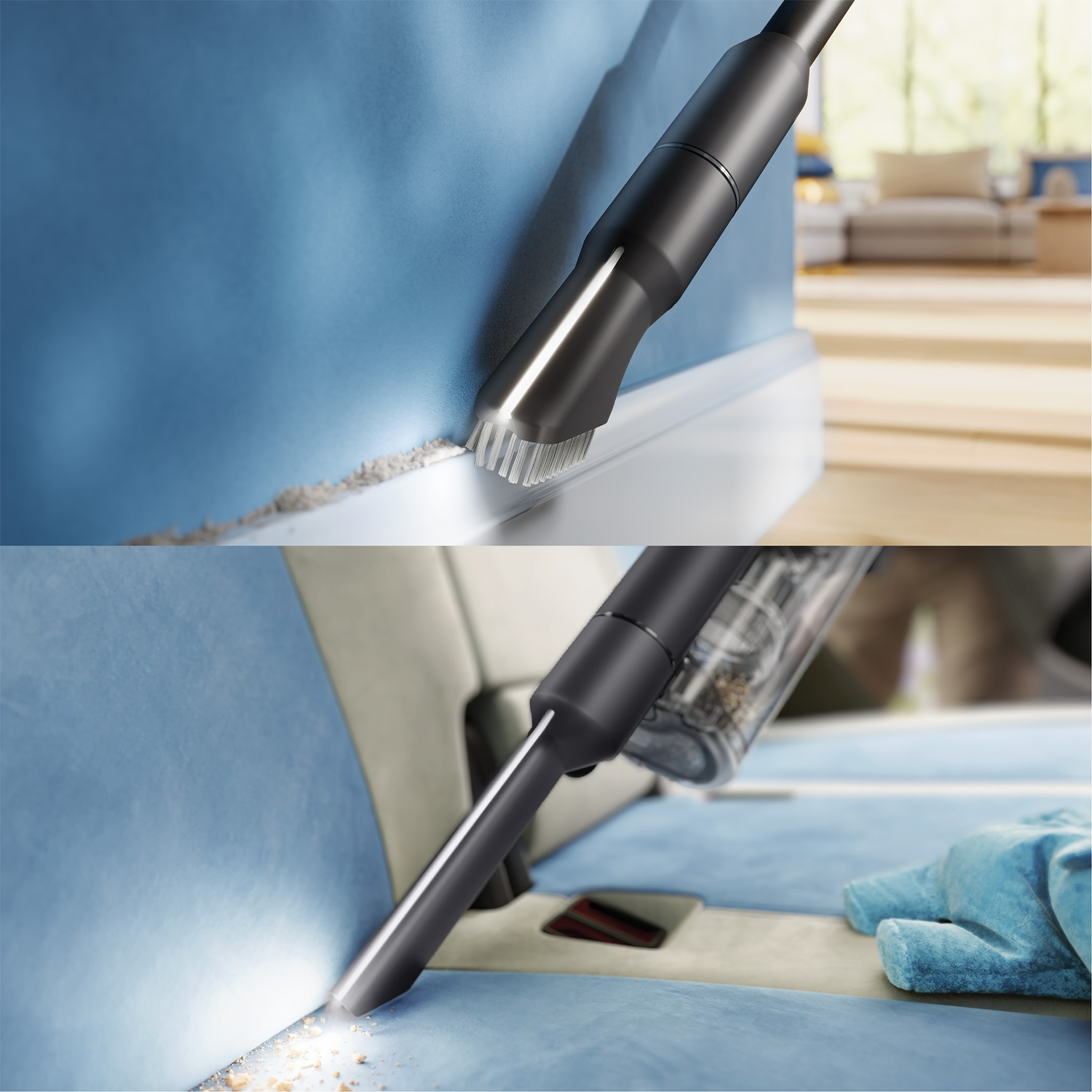 A vacuum cleaner attachment cleans debris from a blue wall and a car seat.