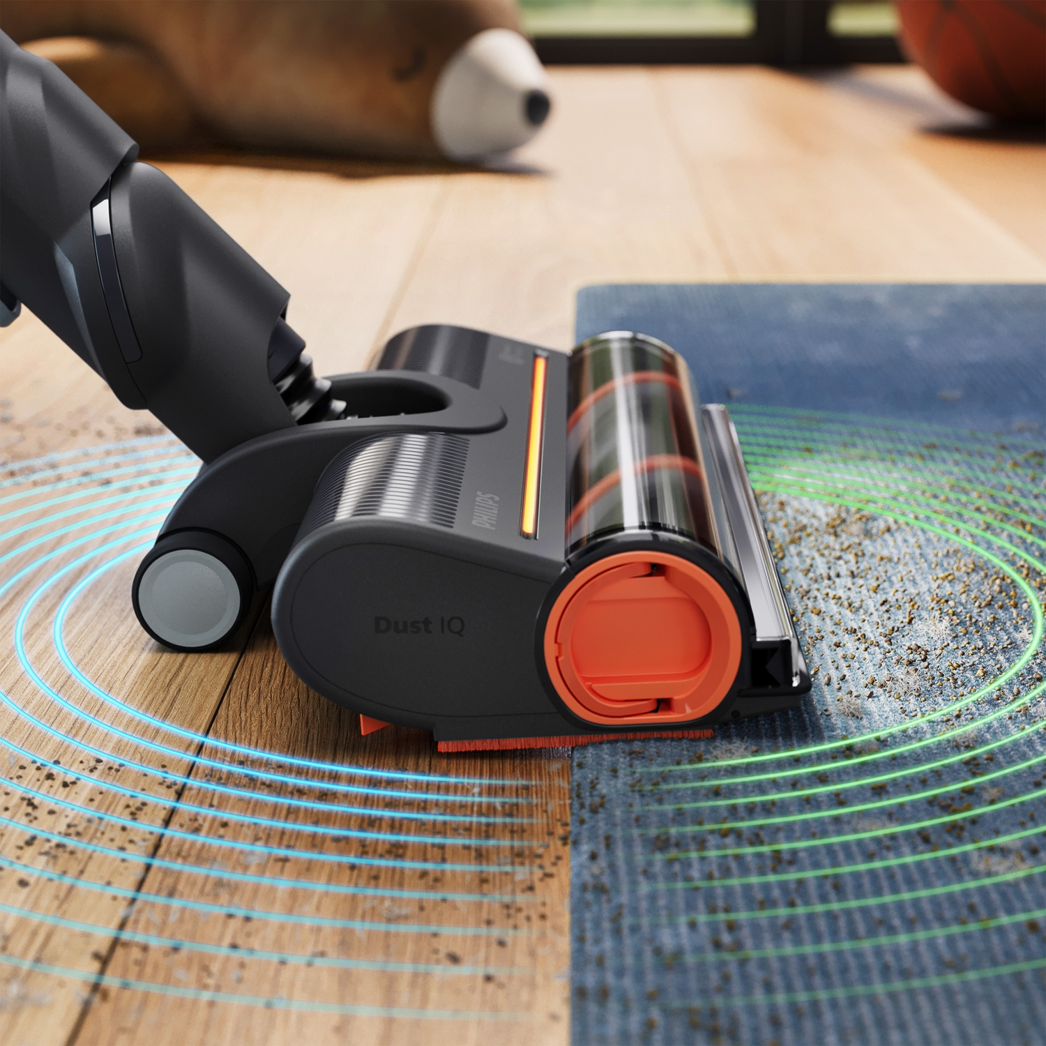 A vacuum cleaner cleans a wooden floor and rug with visual detection lines.