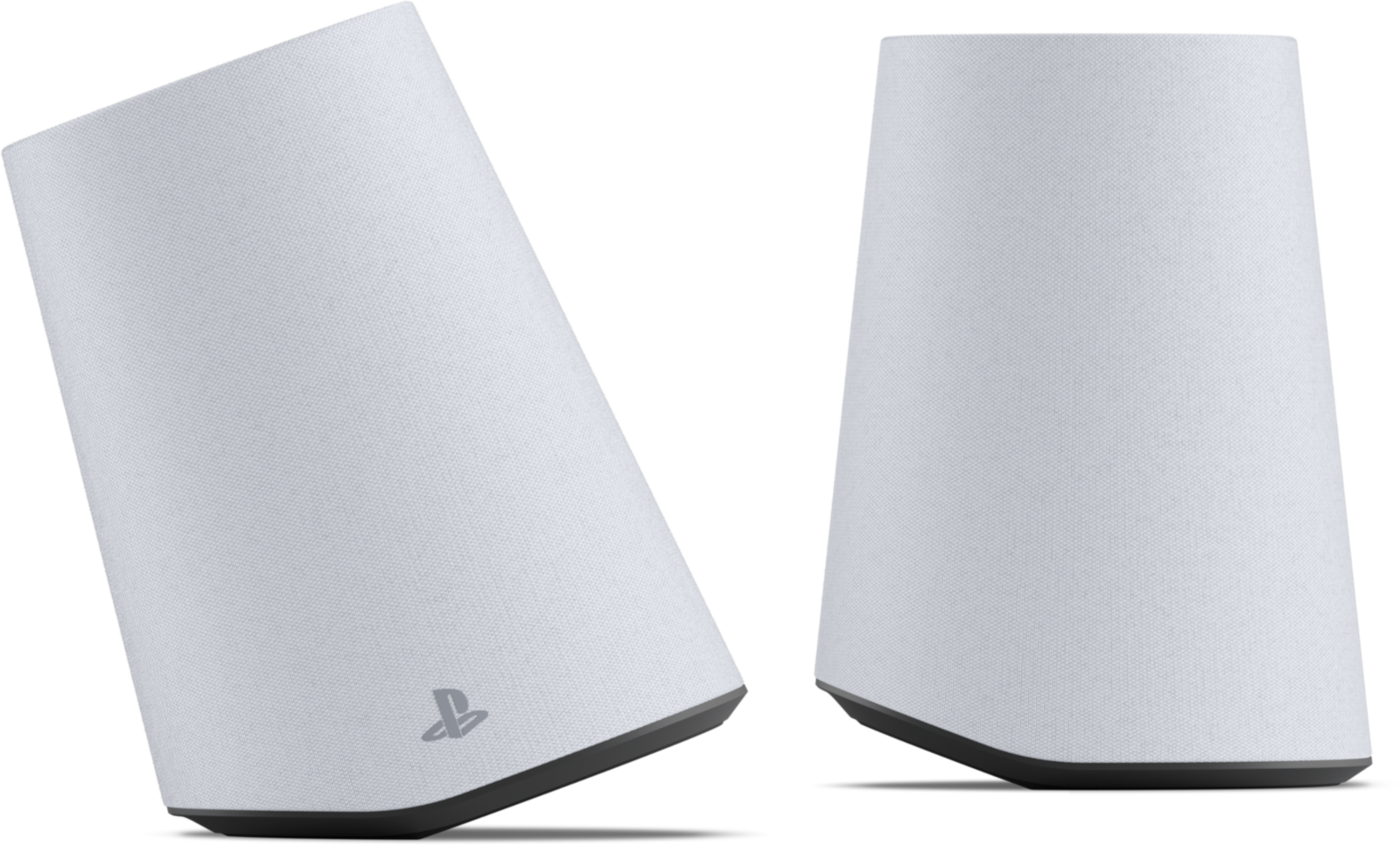 Két fehér PlayStation hangszóró fekete háttér előtt.
