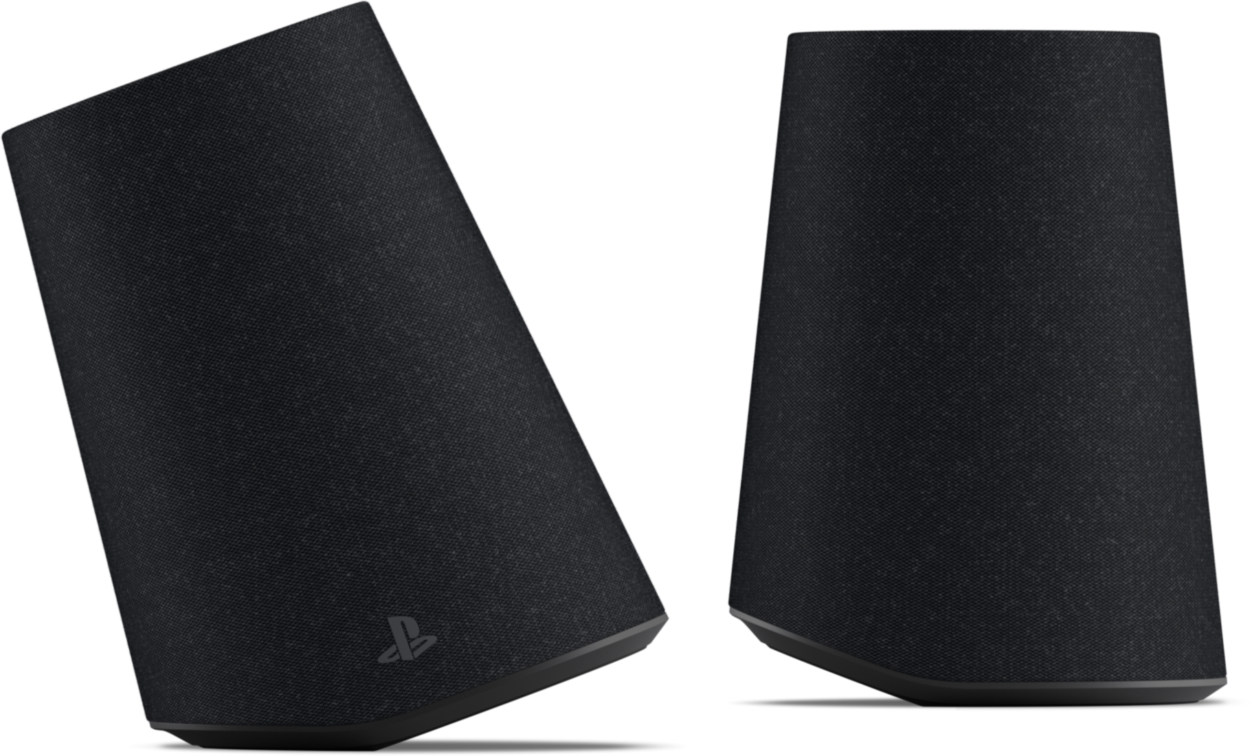 Két fekete, szövetborítású trapéz alakú hangszóró fekete háttér előtt, a bal oldalin PlayStation logóval.