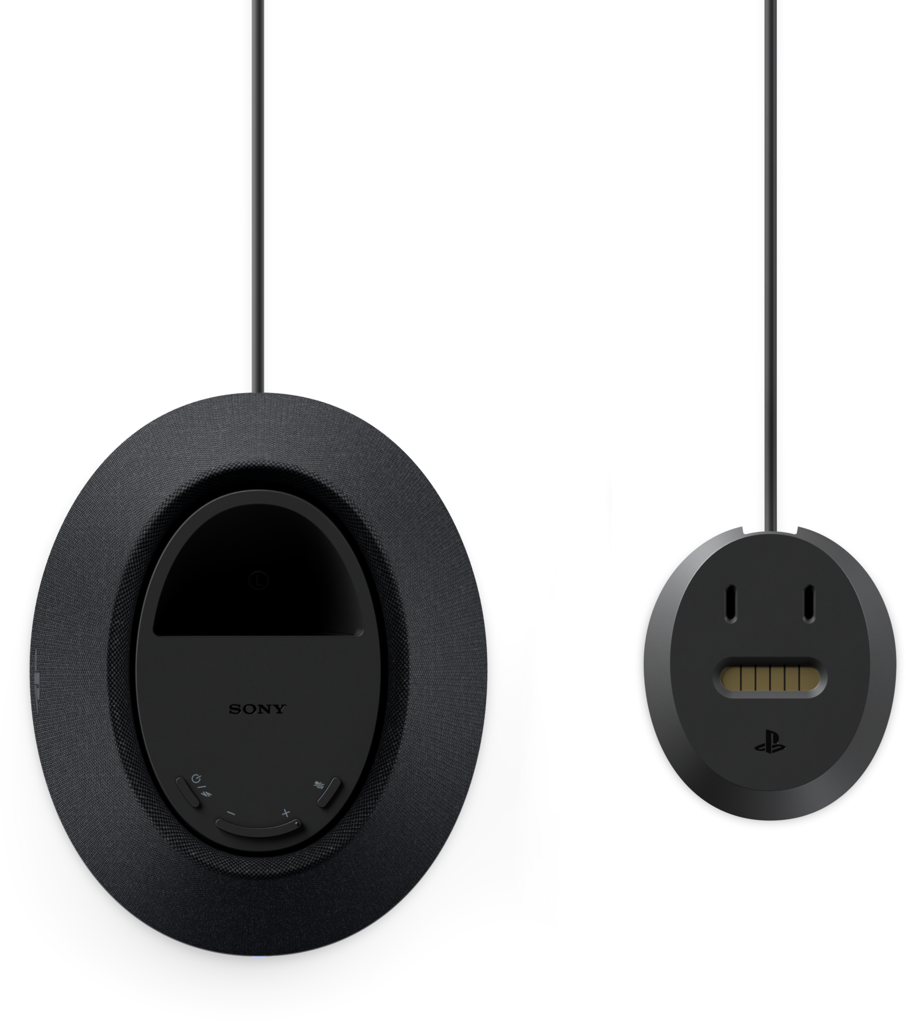 Két fekete Sony és PlayStation audio tartozék kábelekkel lóg sötét háttér előtt.