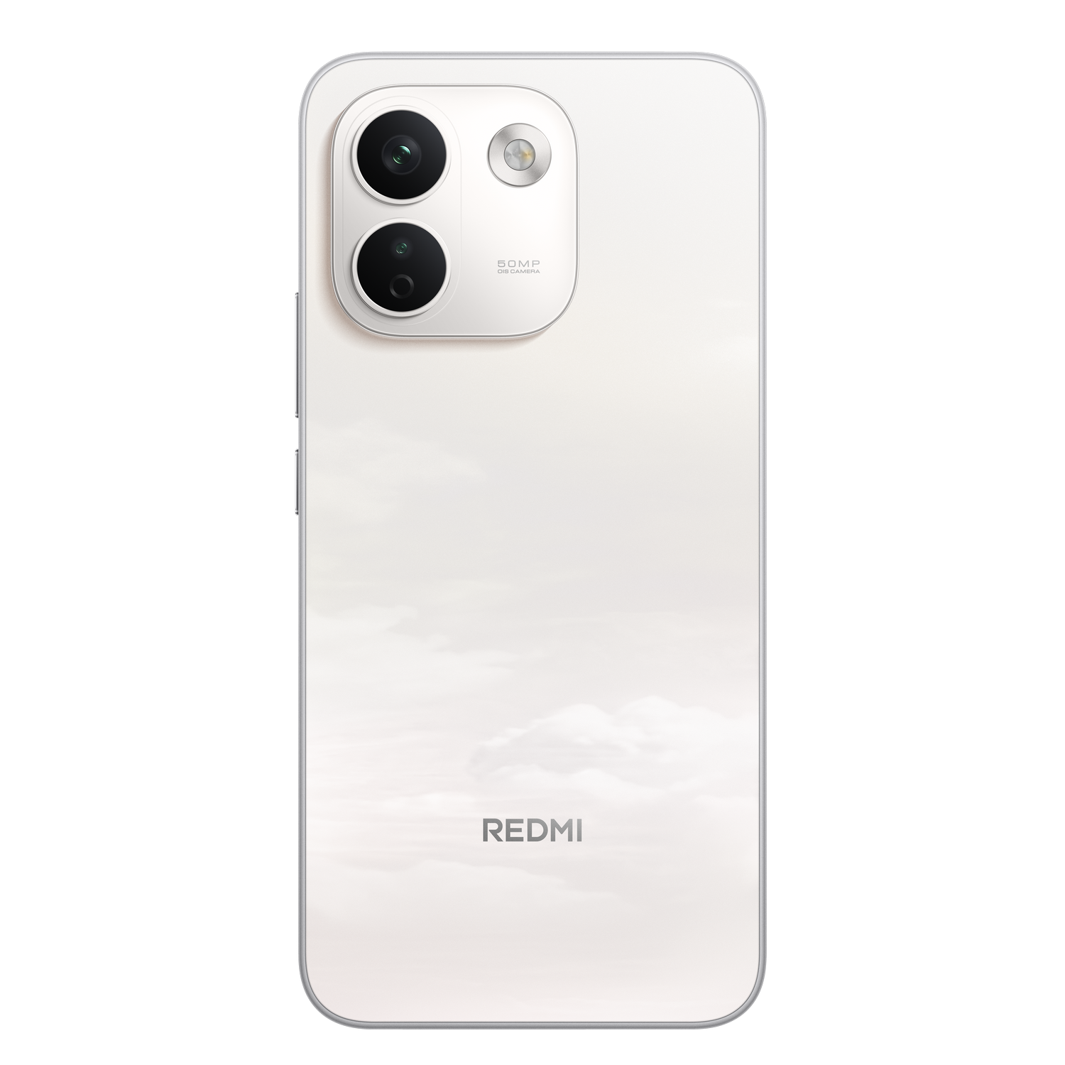 Parte trasera de un teléfono inteligente Redmi blanco con doble cámara y logotipo de Redmi.