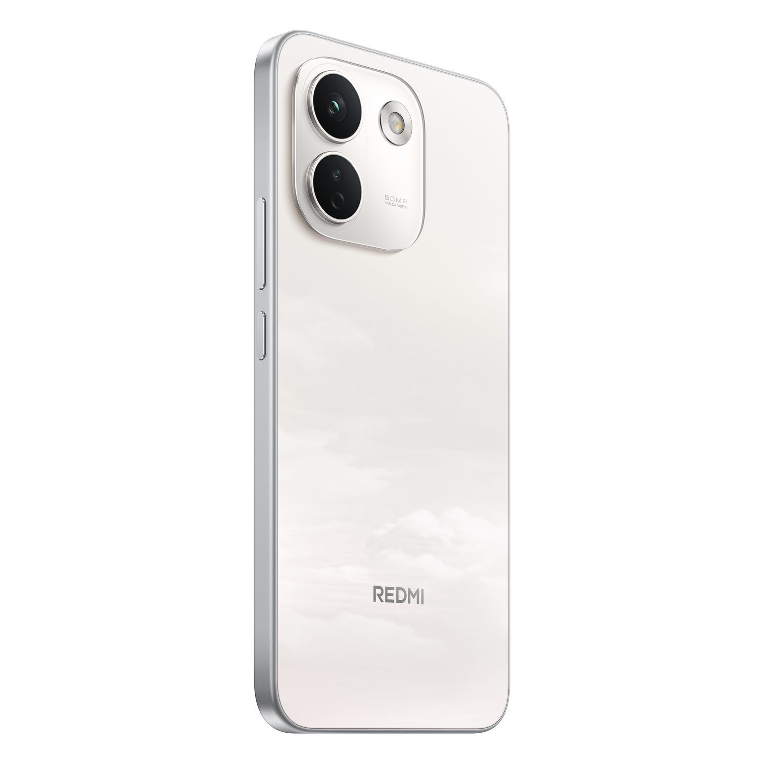 Parte trasera de un smartphone Redmi claro con dos lentes de cámara y el logotipo de Redmi sobre fondo negro.