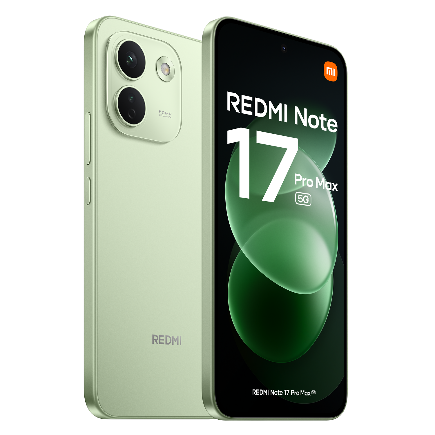 Un smartphone Redmi Note 17 Pro Max 5G verde claro, mostrando su parte delantera y trasera sobre fondo oscuro.
