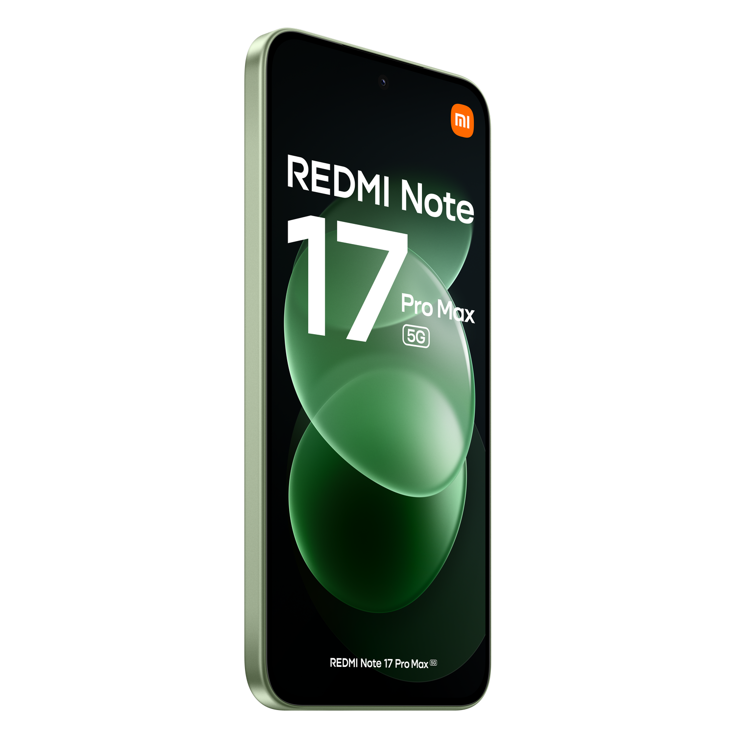 Un smartphone verde Redmi Note 17 Pro Max 5G sobre fondo negro con pantalla de texto.