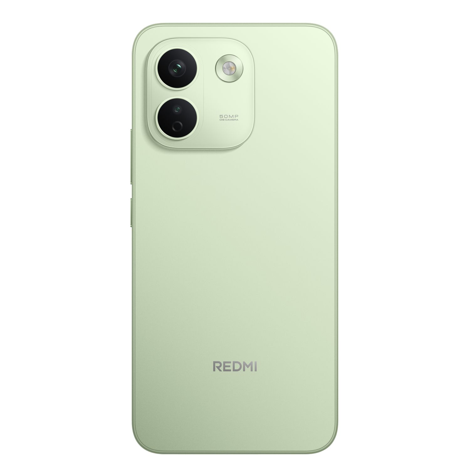 Smartphone Redmi verde claro visto desde atrás, con dos cámaras y el logotipo de la marca abajo.