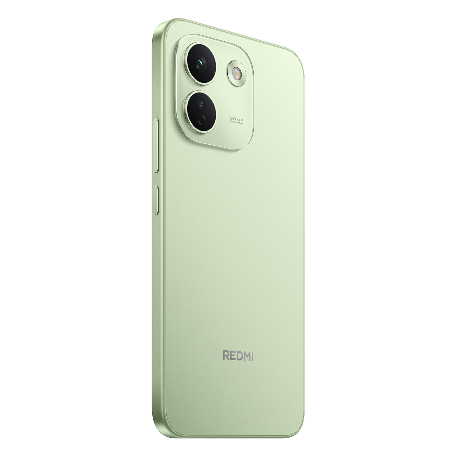 Parte trasera de un smartphone Redmi verde claro con dos lentes de cámara sobre fondo negro.