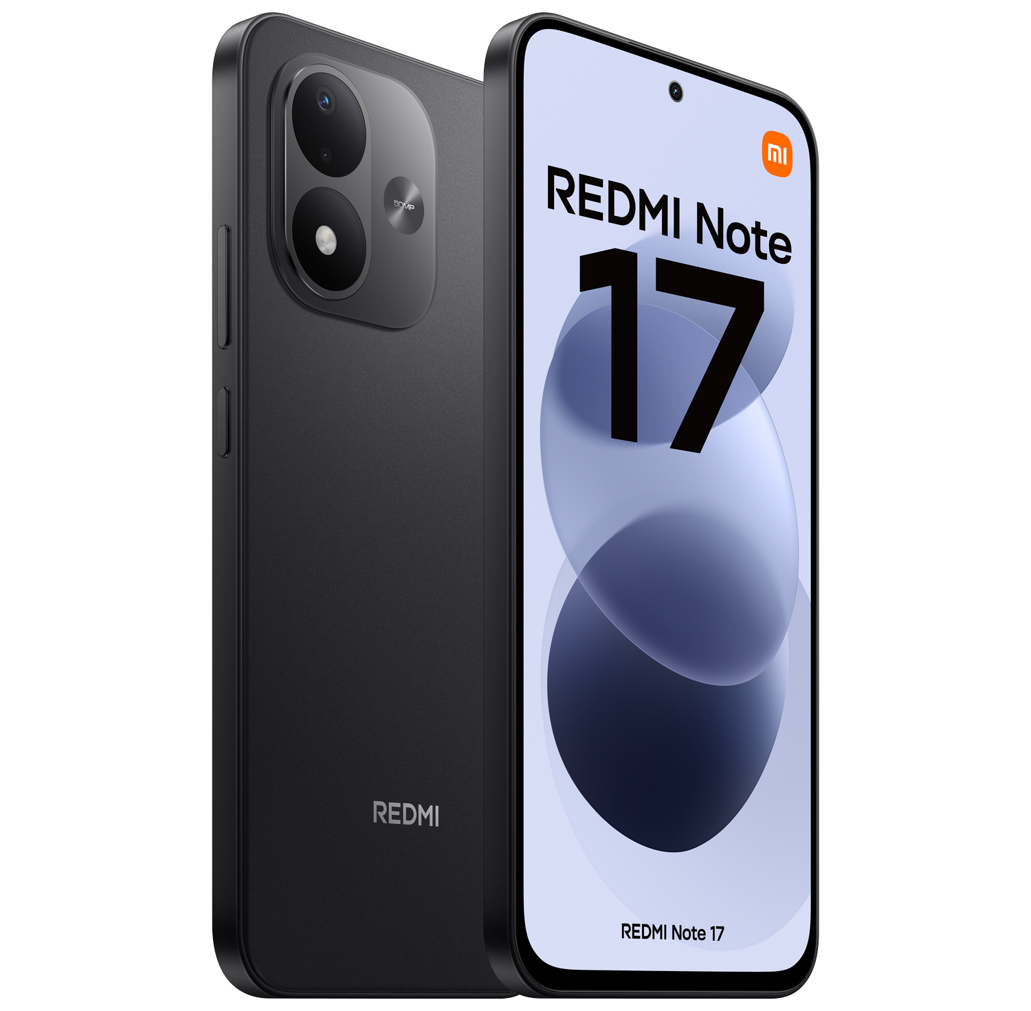 Un smartphone Redmi Note 17 negro mostrado de frente y reverso, con doble cámara trasera.
