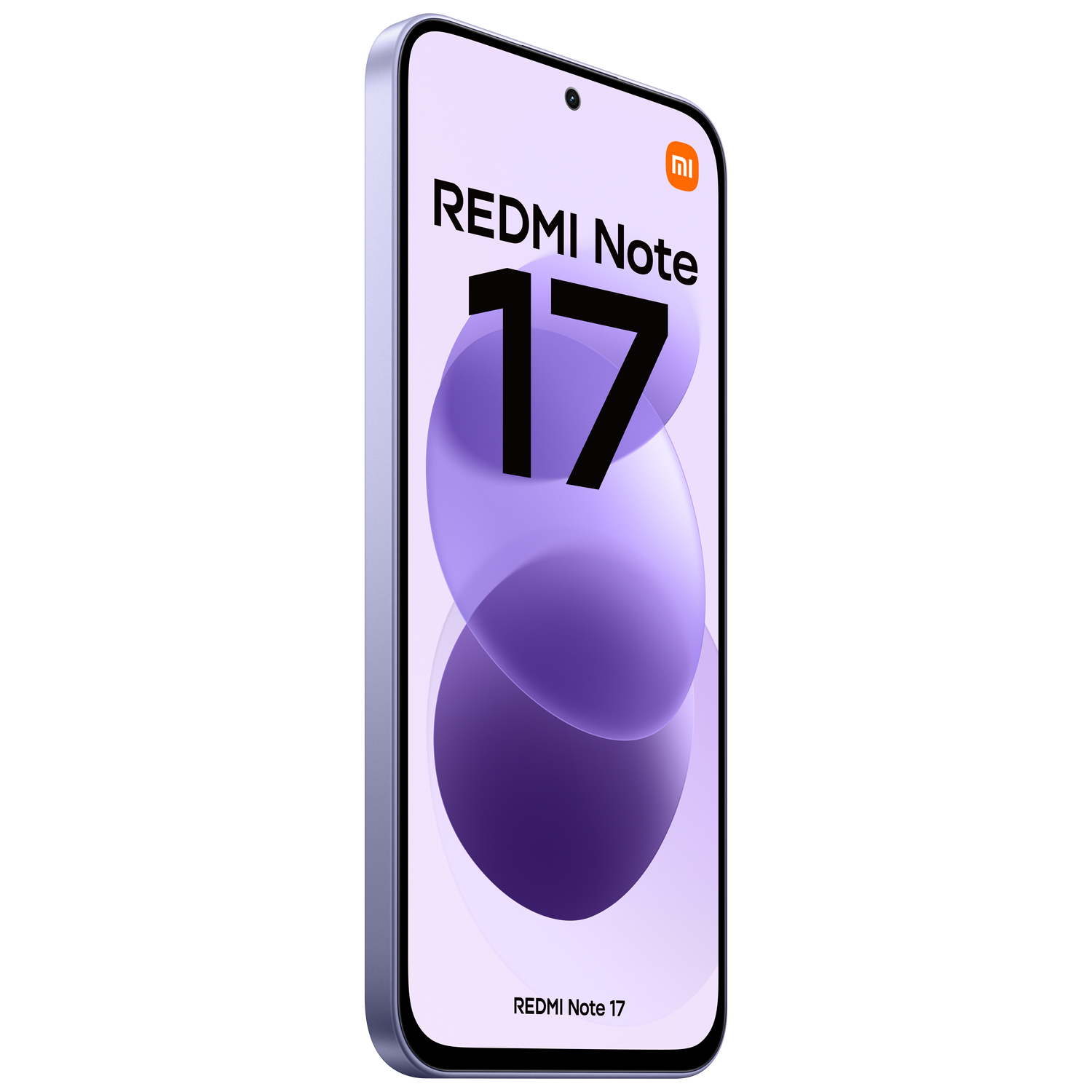 Un smartphone Redmi Note 17 morado sobre fondo negro con fondo de pantalla y texto morados.