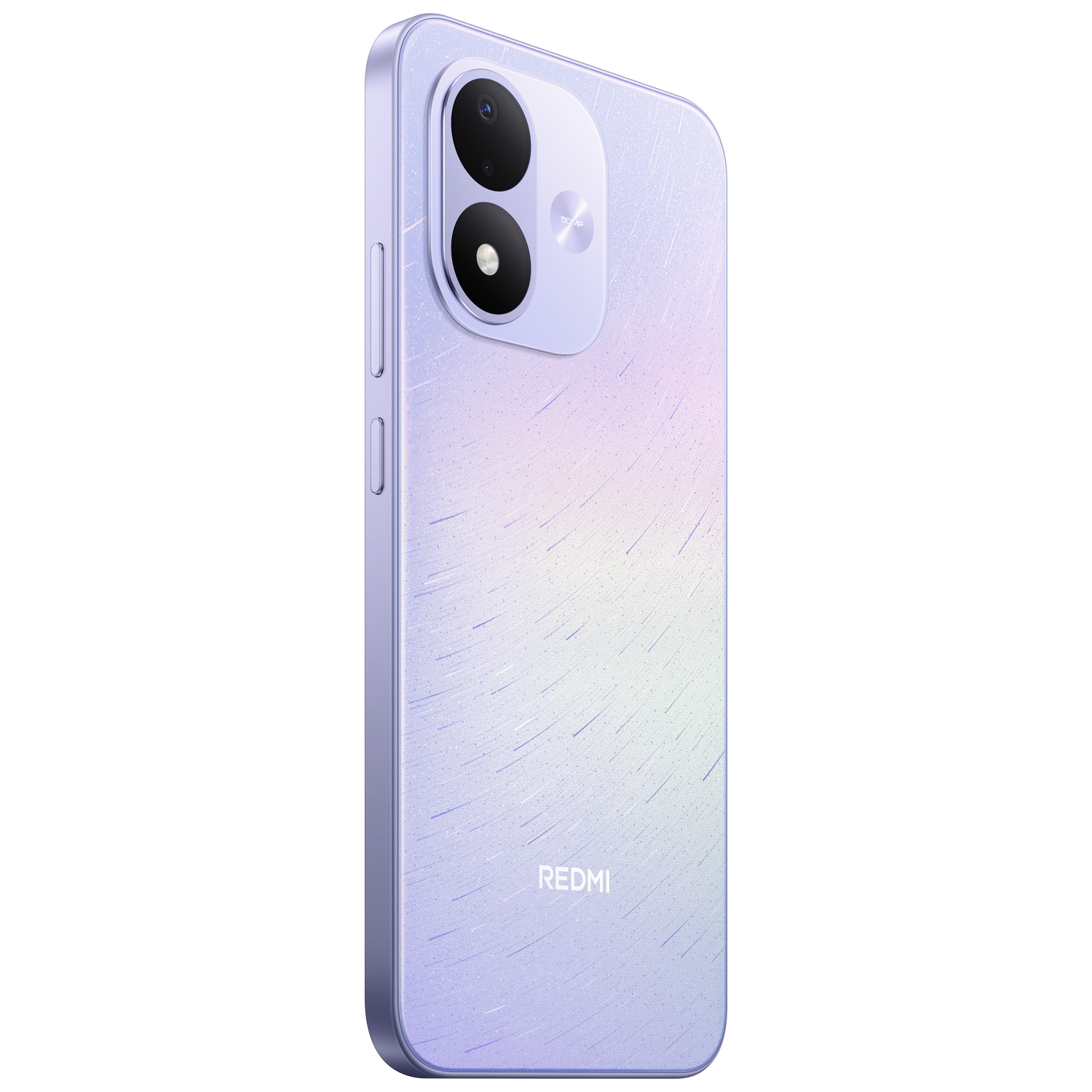 La parte trasera de un smartphone Redmi morado con doble cámara sobre fondo negro.