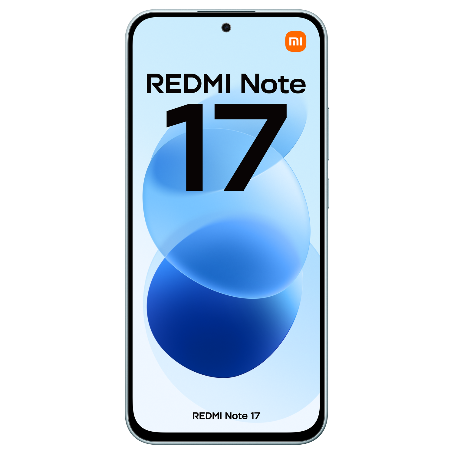 Vista frontal del smartphone Redmi Note 17 con fondo azul y texto.