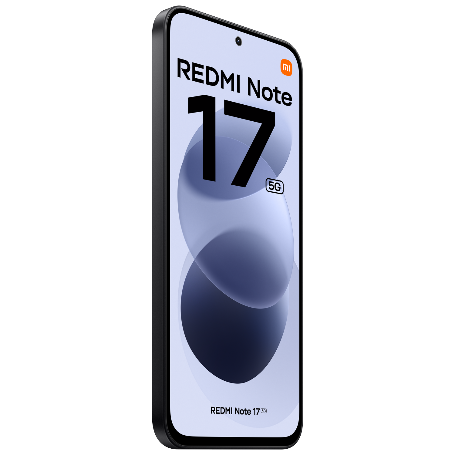 Un smartphone negro Redmi Note 17 5G sobre fondo negro, mostrando la pantalla con texto grande.