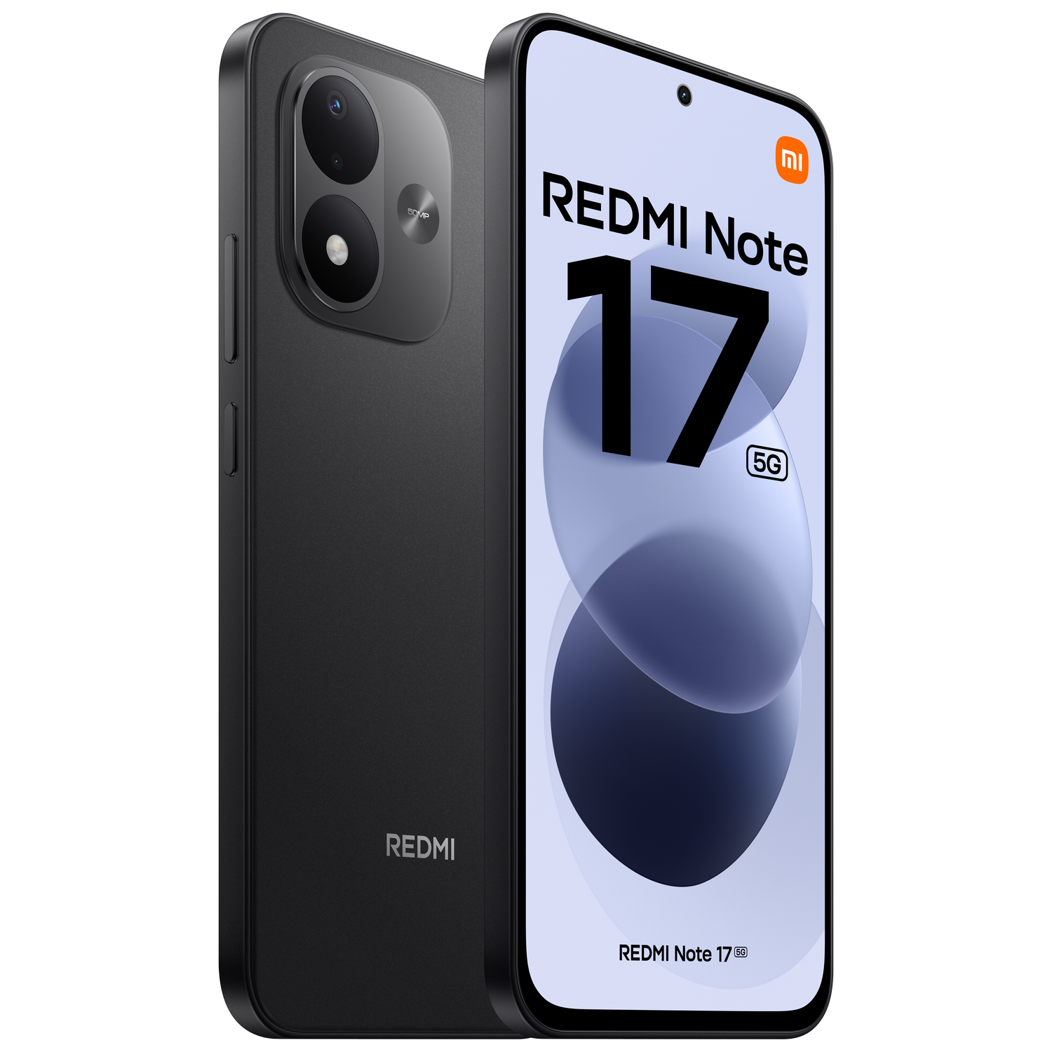 Smartphone negro Redmi Note 17 5G que muestra la parte delantera y trasera sobre fondo oscuro.