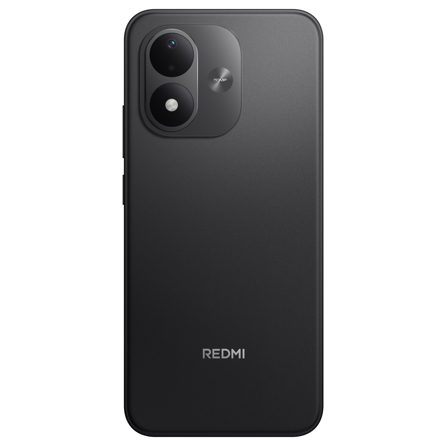 Parte trasera de un smartphone Redmi negro con doble cámara vertical y logotipo de Redmi.