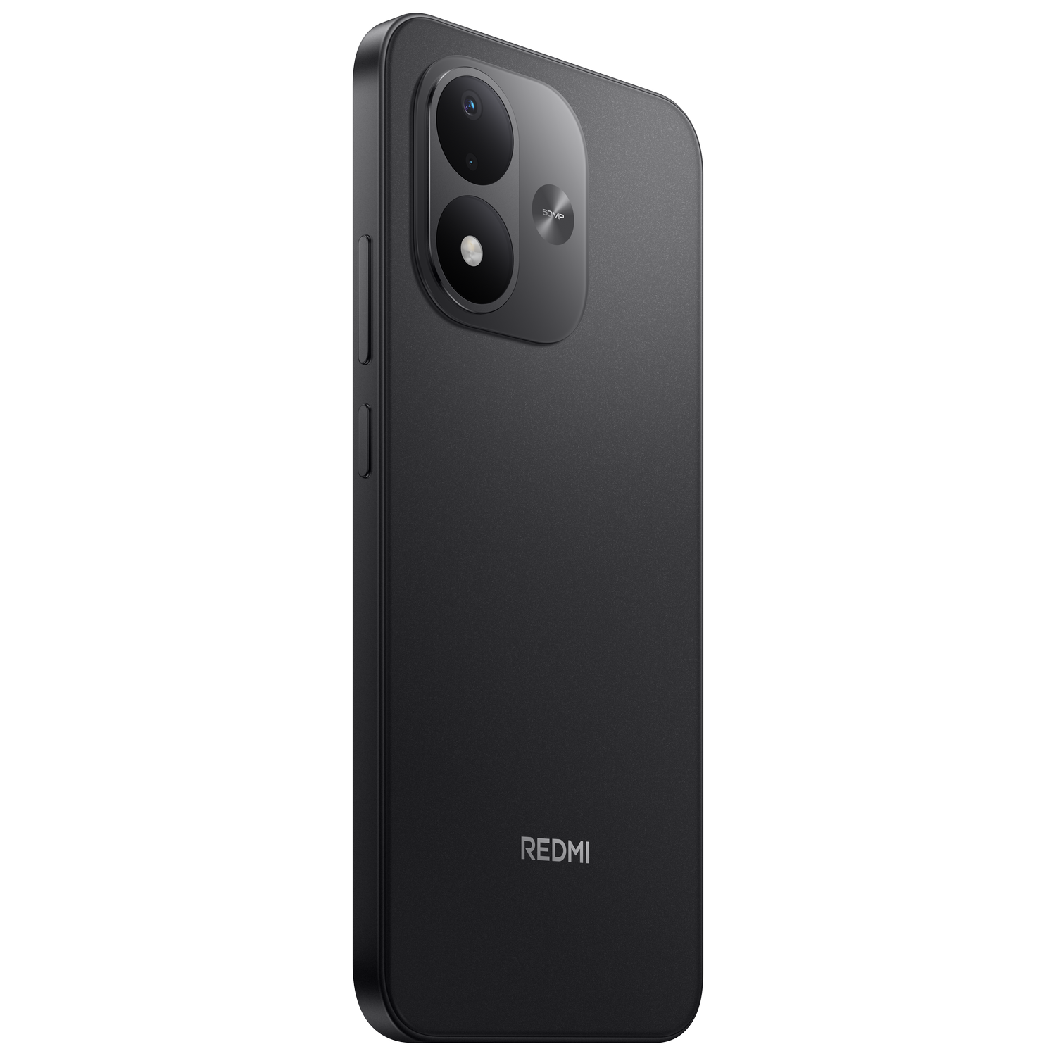 Un smartphone Redmi negro sobre fondo negro, mostrando su módulo de doble cámara y la marca REDMI.