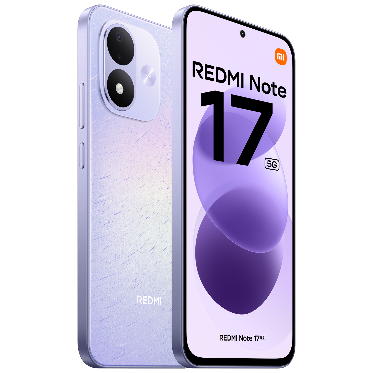 Smartphone Redmi Note 17 5G morado con parte delantera y trasera y doble cámara sobre fondo negro.