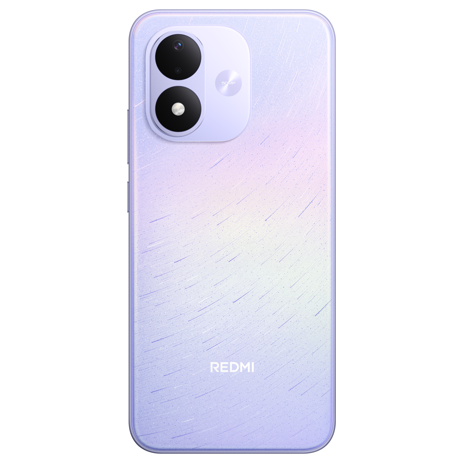 Parte trasera de un smartphone Redmi morado claro con módulo de doble cámara y patrón estrellado sobre fondo negro.