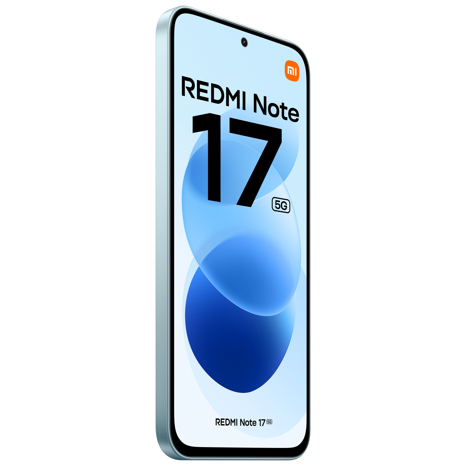 Un teléfono inteligente Redmi Note 17 5G azul claro sobre fondo negro.