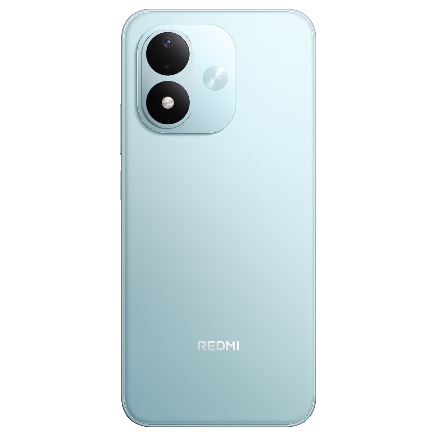 Vista trasera de un smartphone Redmi azul claro con dos cámaras dispuestas verticalmente.