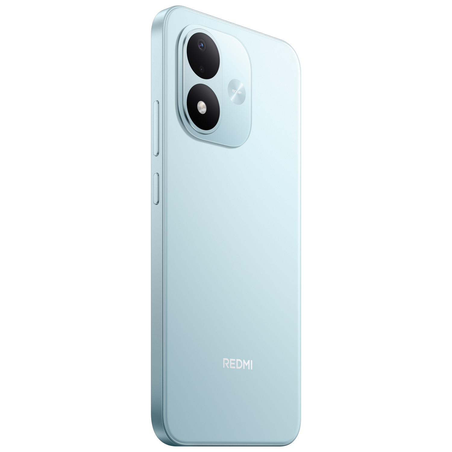 Smartphone Redmi azul claro, vista trasera con dos lentes de cámara, sobre fondo negro.