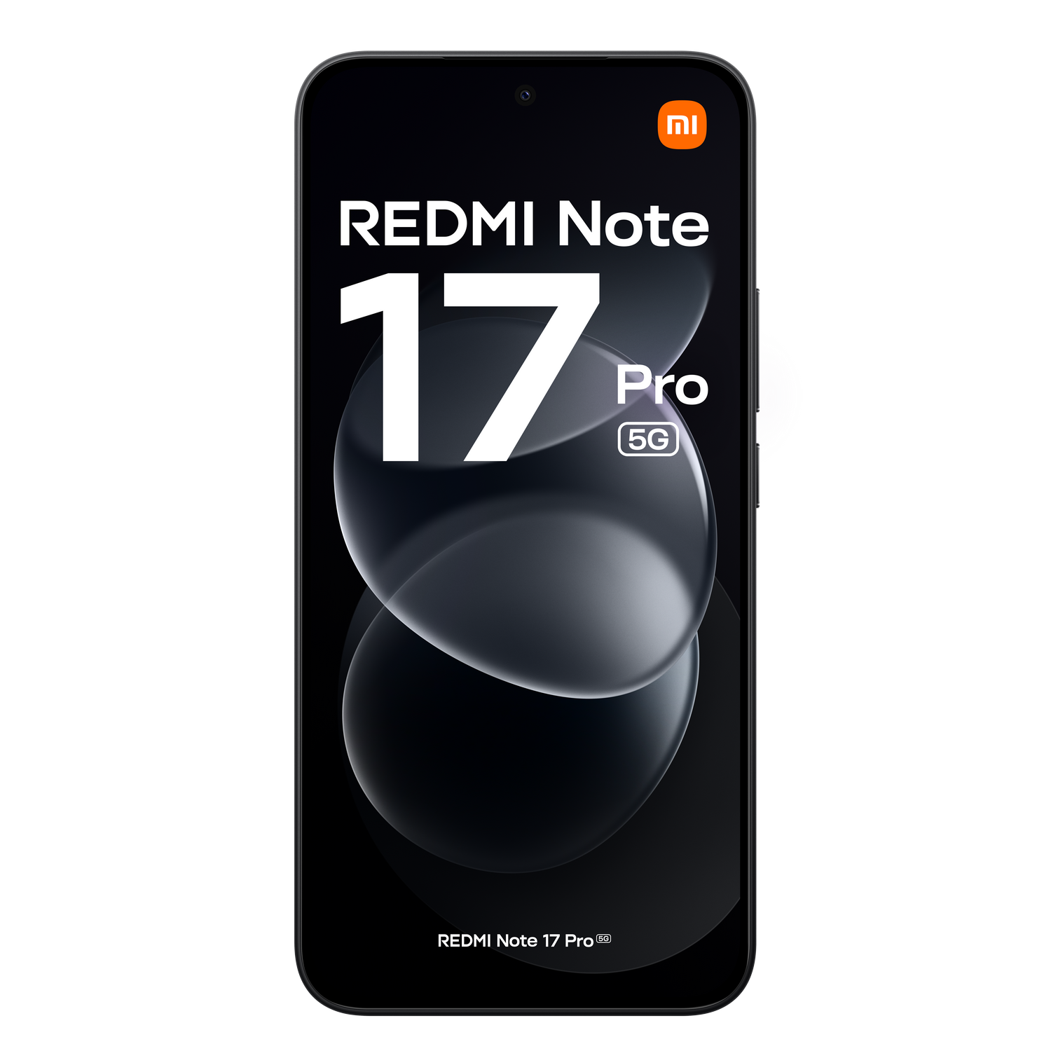 Smartphone con pantalla negra que muestra la marca REDMI Note 17 Pro 5G y el logotipo de Xiaomi.