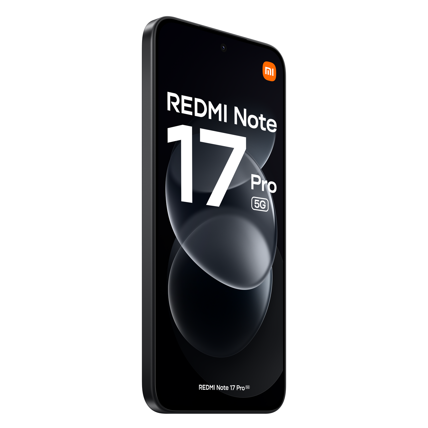 Smartphone negro Xiaomi Redmi Note 17 Pro 5G mostrado en ángulo sobre un fondo oscuro.