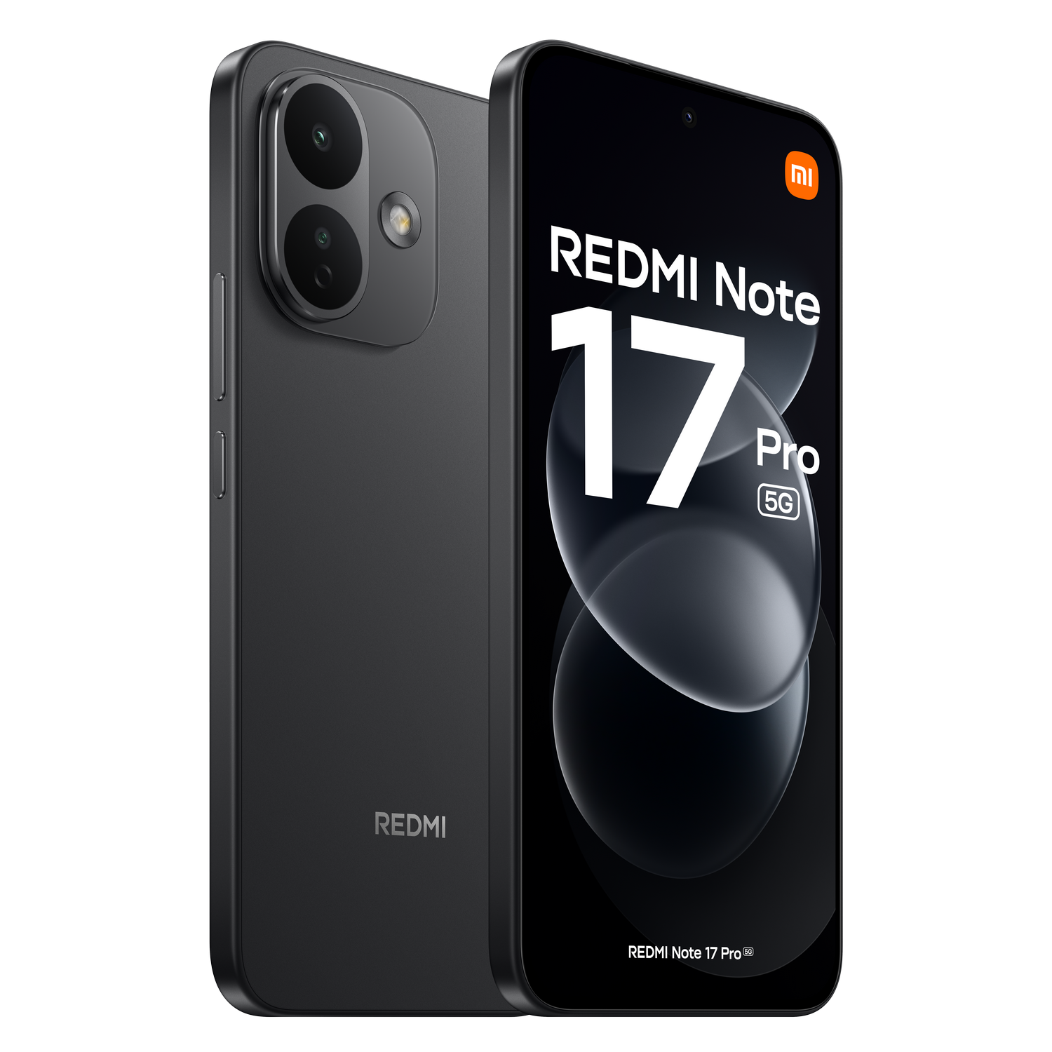 Dos smartphones negros Redmi Note 17 Pro 5G sobre fondo negro con el nombre del modelo en pantalla.