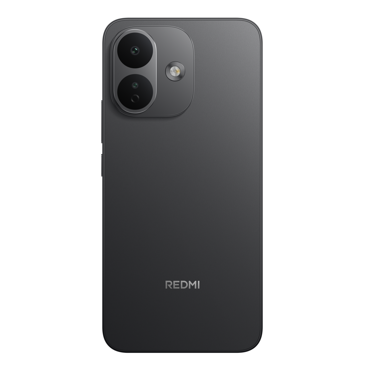 Parte trasera de un teléfono inteligente Redmi gris, con un módulo de cámara dual y el logotipo de Redmi.