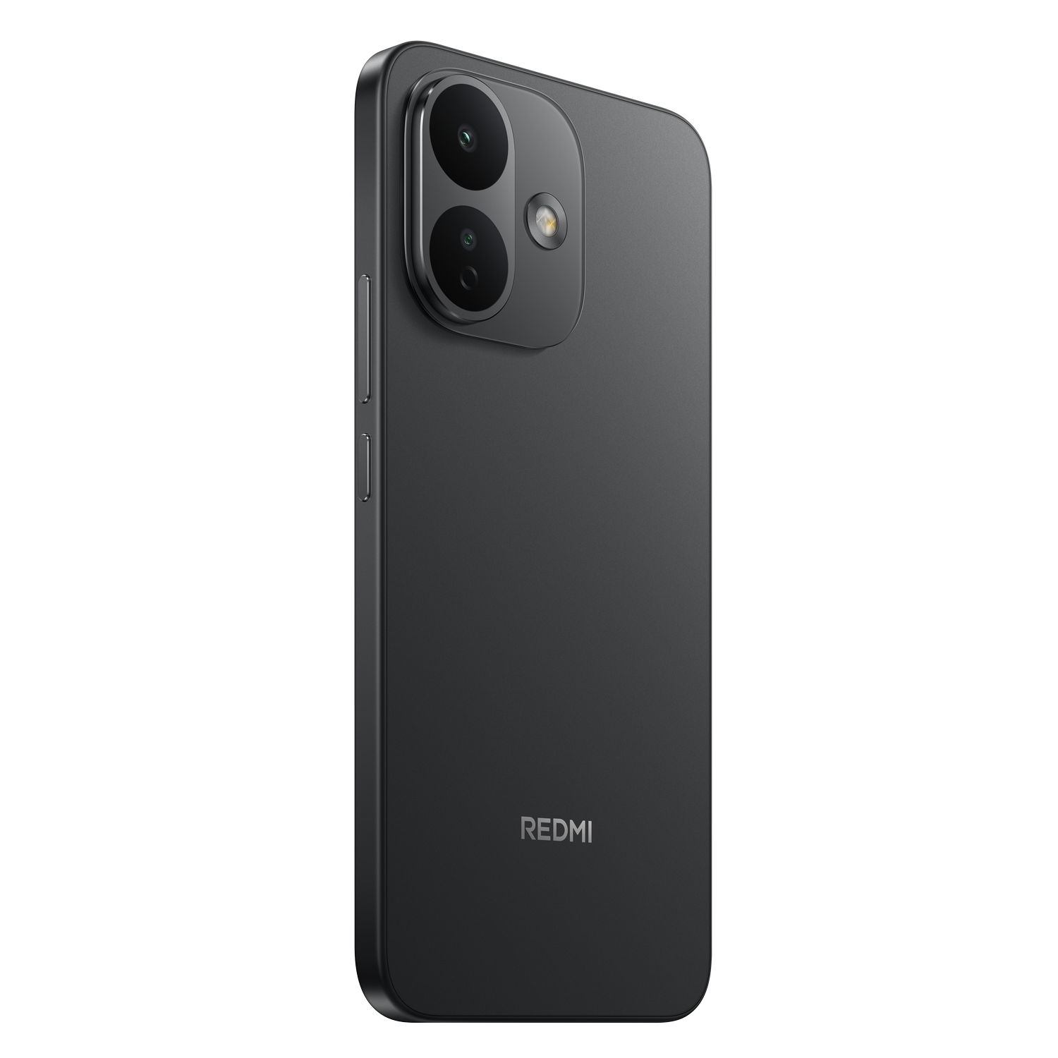 Parte trasera de un smartphone Redmi oscuro con dos cámaras verticales en la esquina superior izquierda sobre fondo negro.