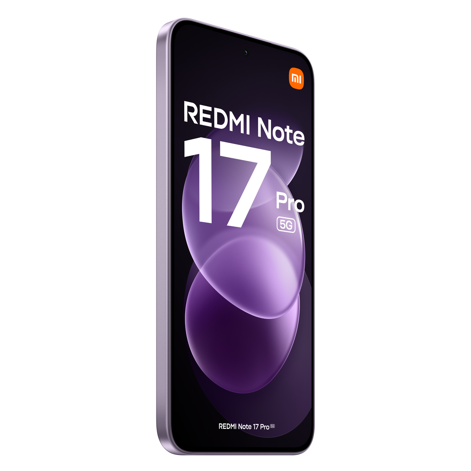 Un smartphone Redmi Note 17 Pro 5G morado muestra un fondo de pantalla morado sobre fondo negro.