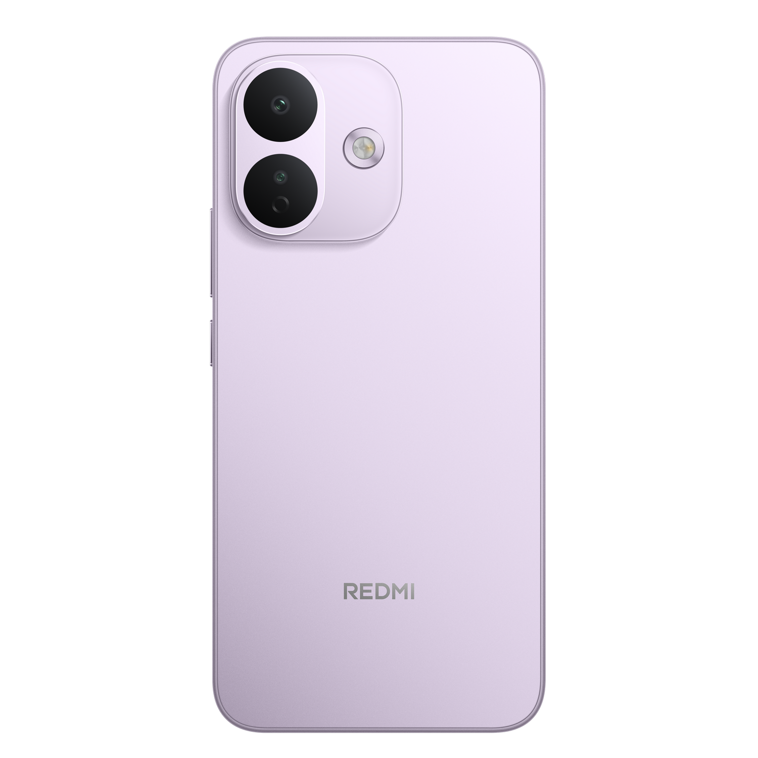 Parte trasera de un smartphone Redmi morado claro con módulo de doble cámara sobre fondo negro.
