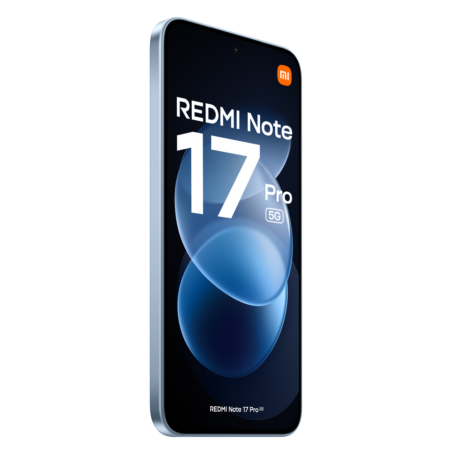 Un smartphone azul Redmi Note 17 Pro 5G sobre fondo negro con esferas azules en la pantalla.
