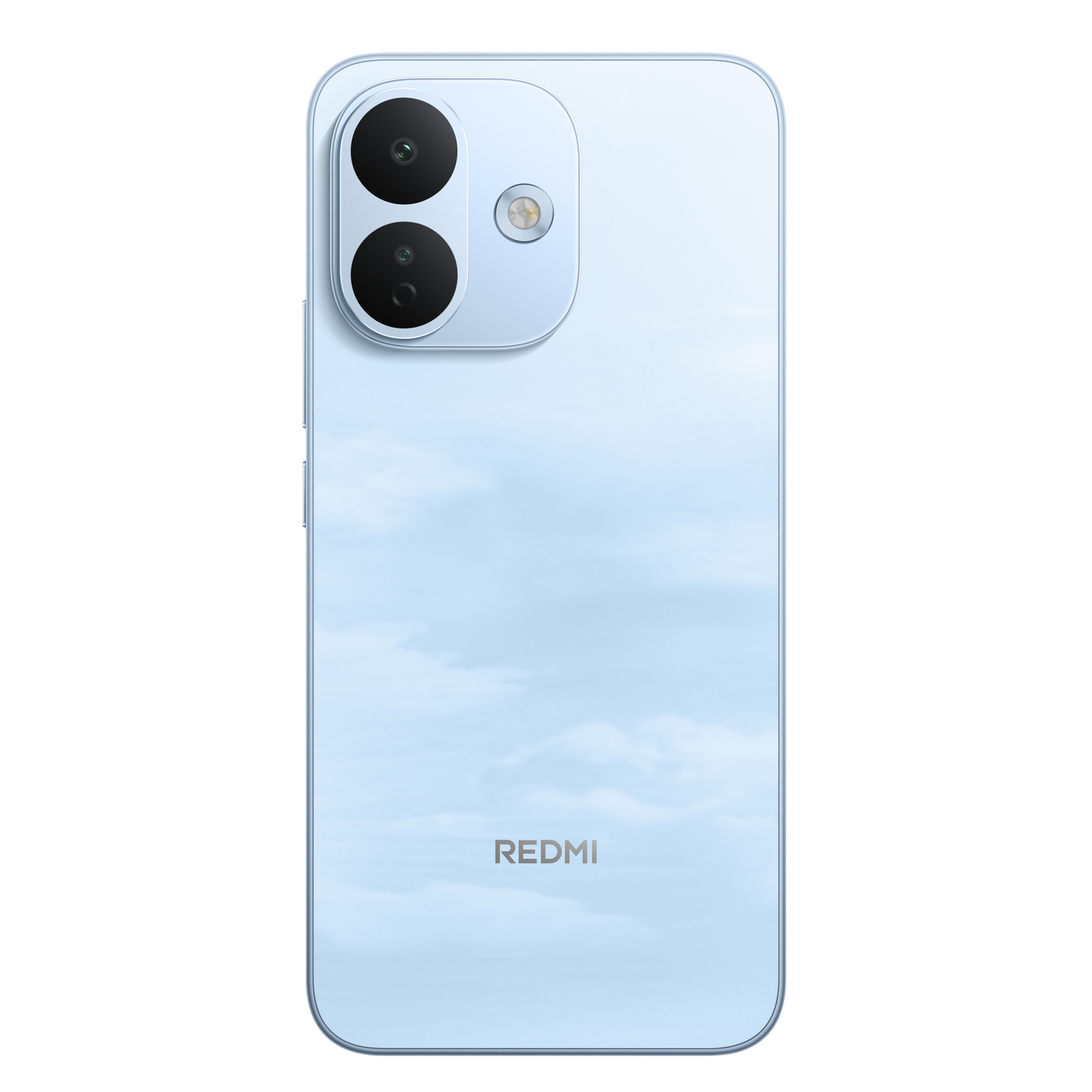 Smartphone Redmi azul claro con dos cámaras traseras redondas y logotipo blanco.