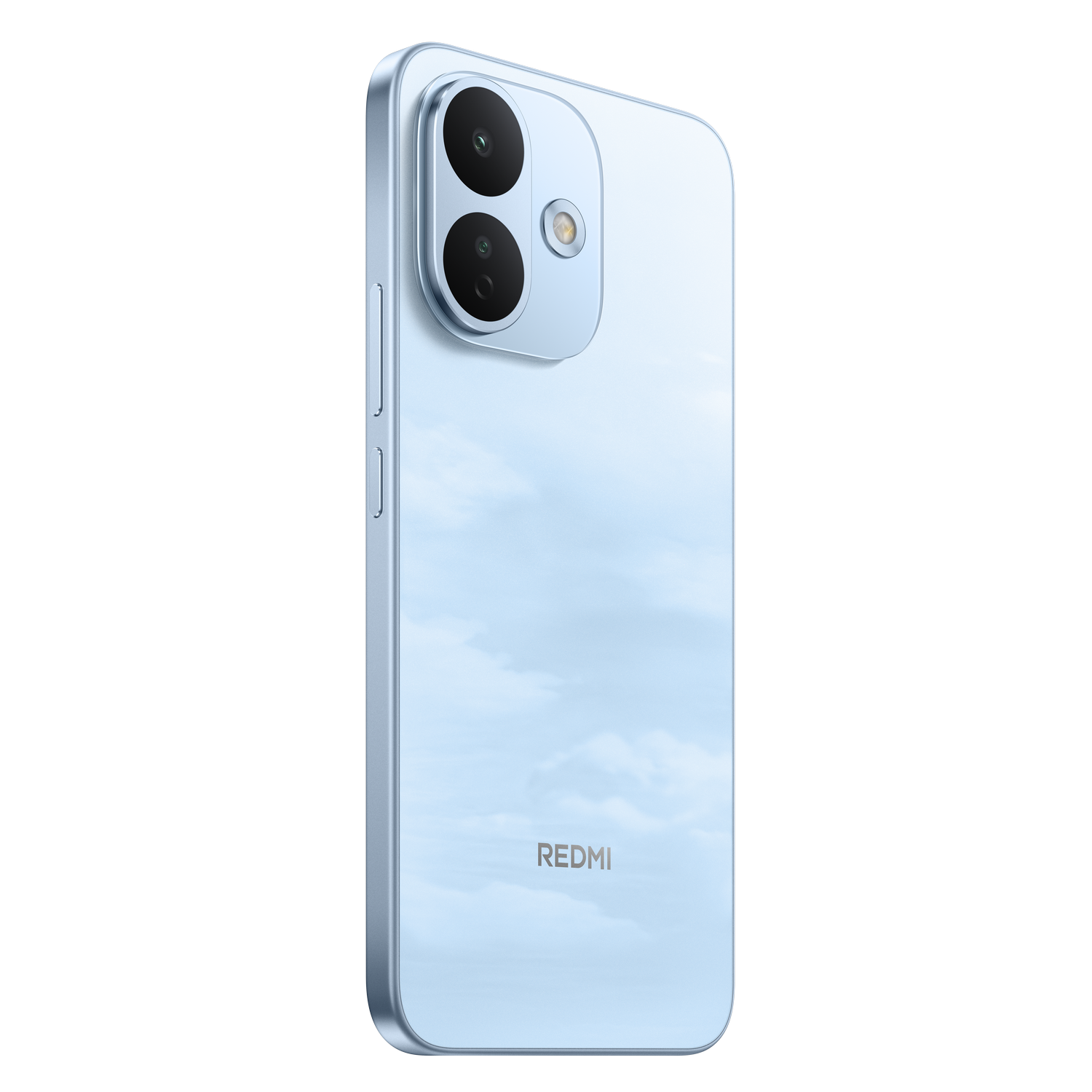 Parte trasera de un teléfono inteligente Redmi azul claro con dos cámaras verticales sobre fondo negro.