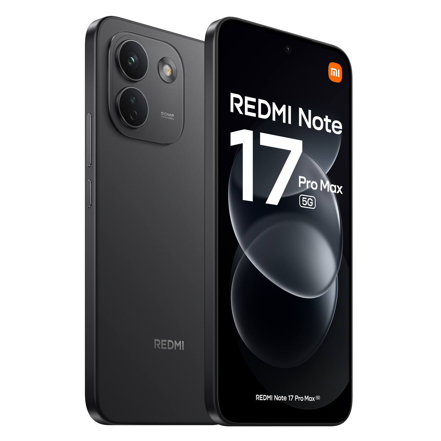 Dos teléfonos inteligentes Redmi Note 17 Pro Max 5G negros sobre fondo negro.
