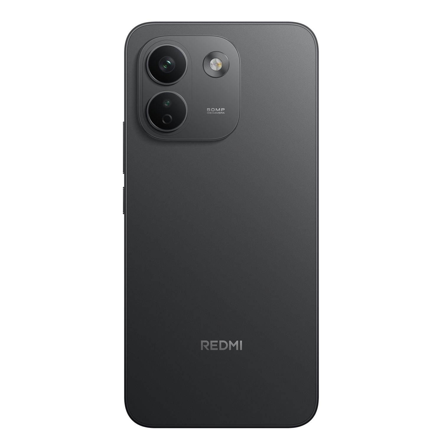 Parte trasera de un smartphone Redmi gris oscuro con una cámara dual vertical y el logotipo de Redmi.