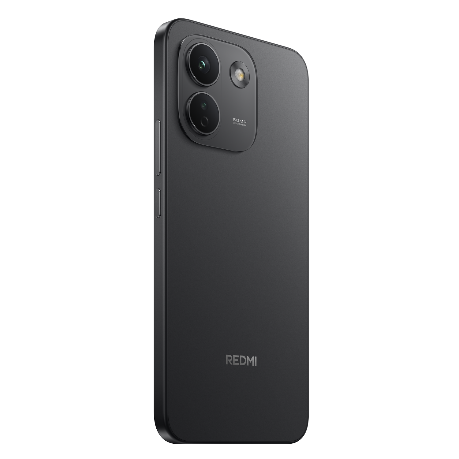 Vista trasera de un smartphone Redmi gris con dos lentes de cámara y logo de la marca sobre fondo negro.