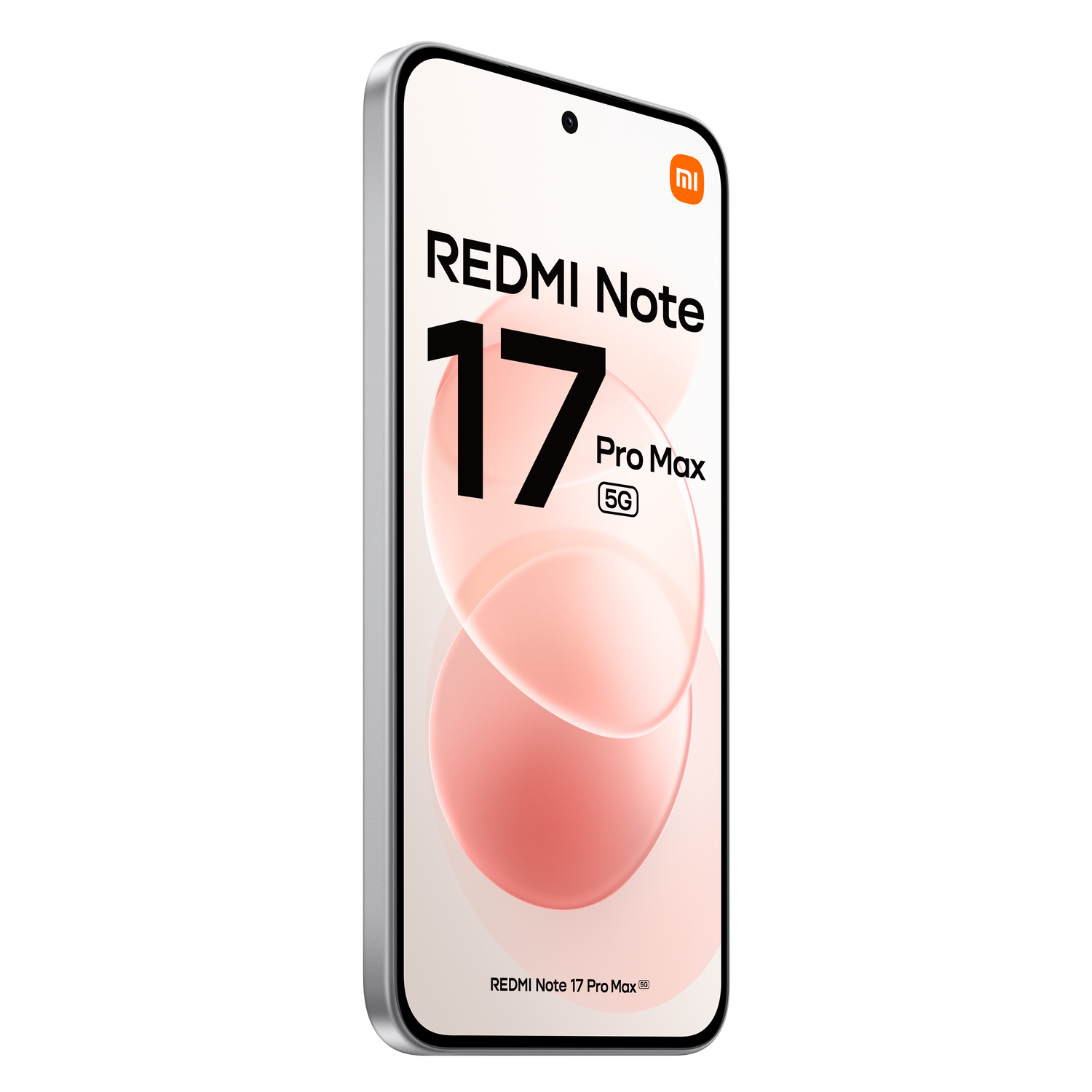 Un smartphone blanco Redmi Note 17 Pro Max 5G sobre fondo negro con un fondo de pantalla rojo.