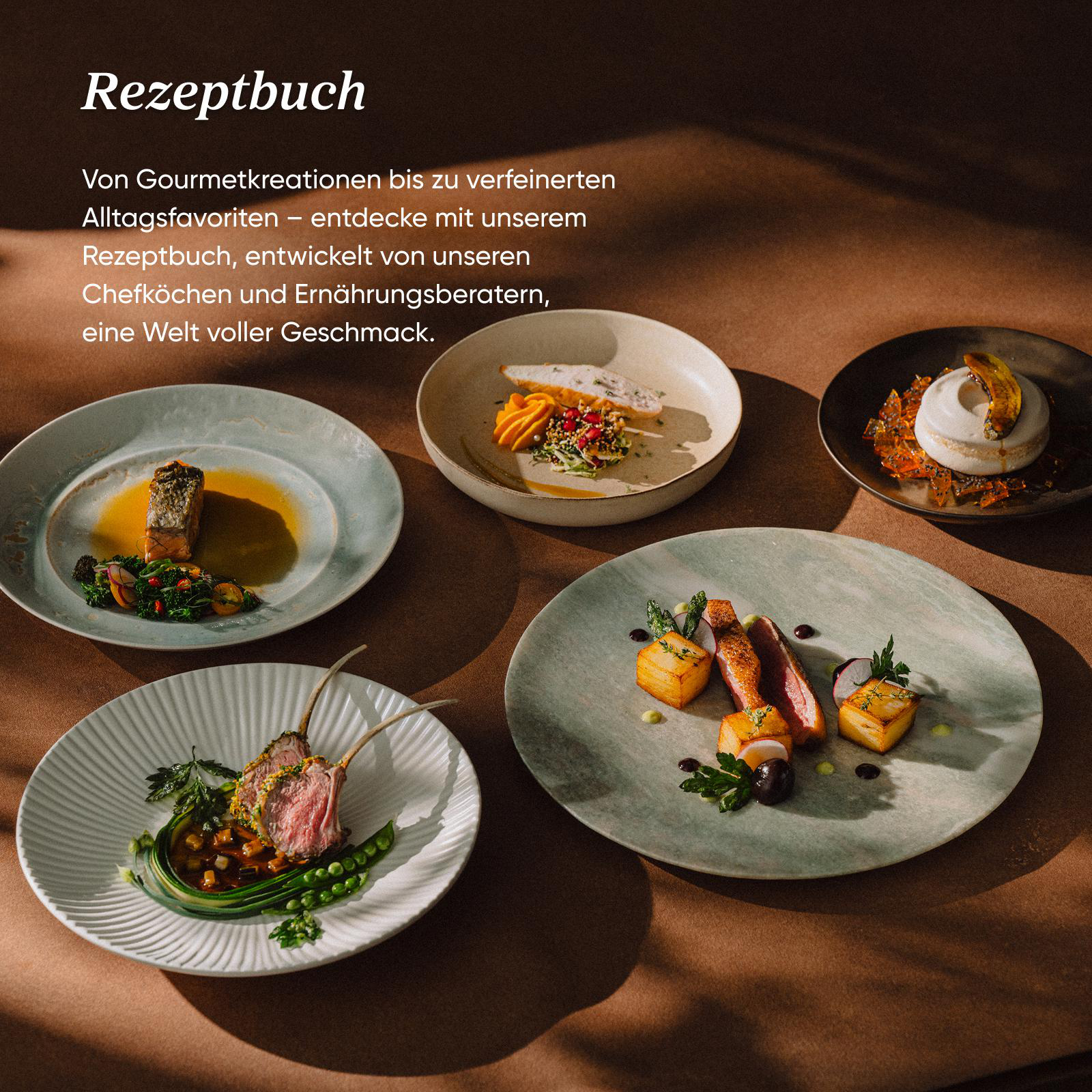 Fünf schön angerichtete Gourmetgerichte auf Tellern und deutscher Text über ein Rezeptbuch.