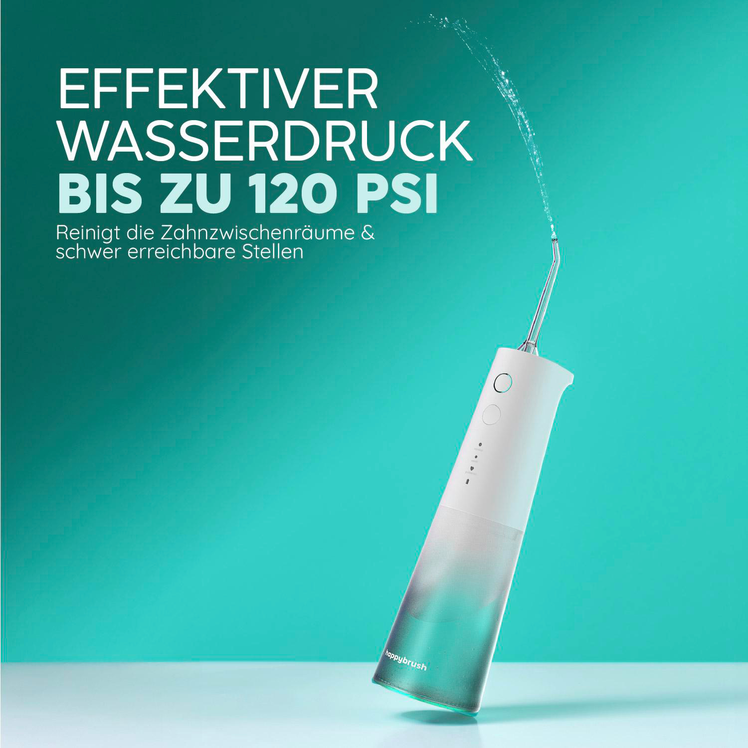 Eine weiße Munddusche sprüht Wasser auf einem mintgrünen Hintergrund mit deutschem Text.