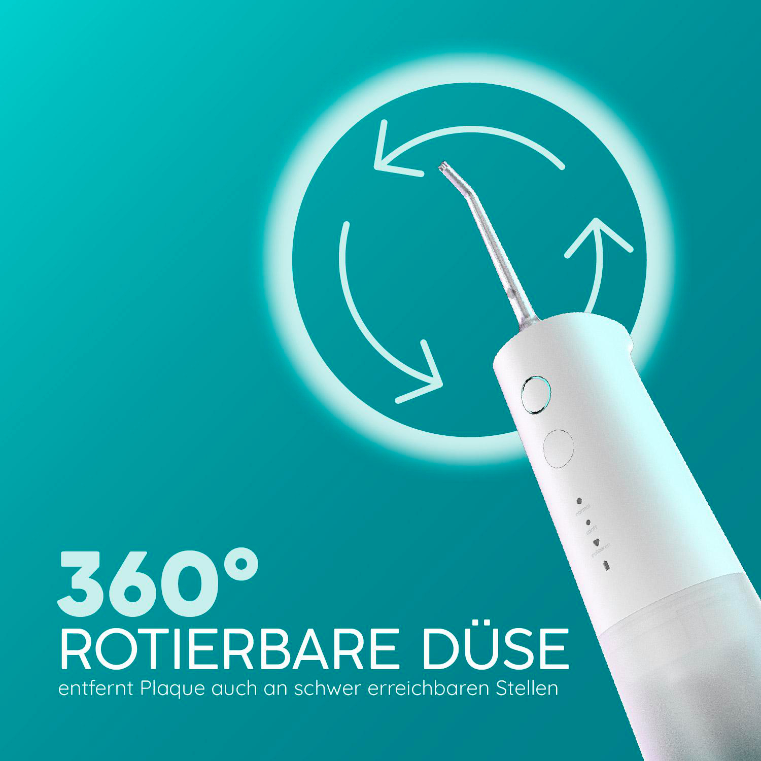 Weiße Munddusche vor blauem Hintergrund mit Text 360° rotierbare Düse.