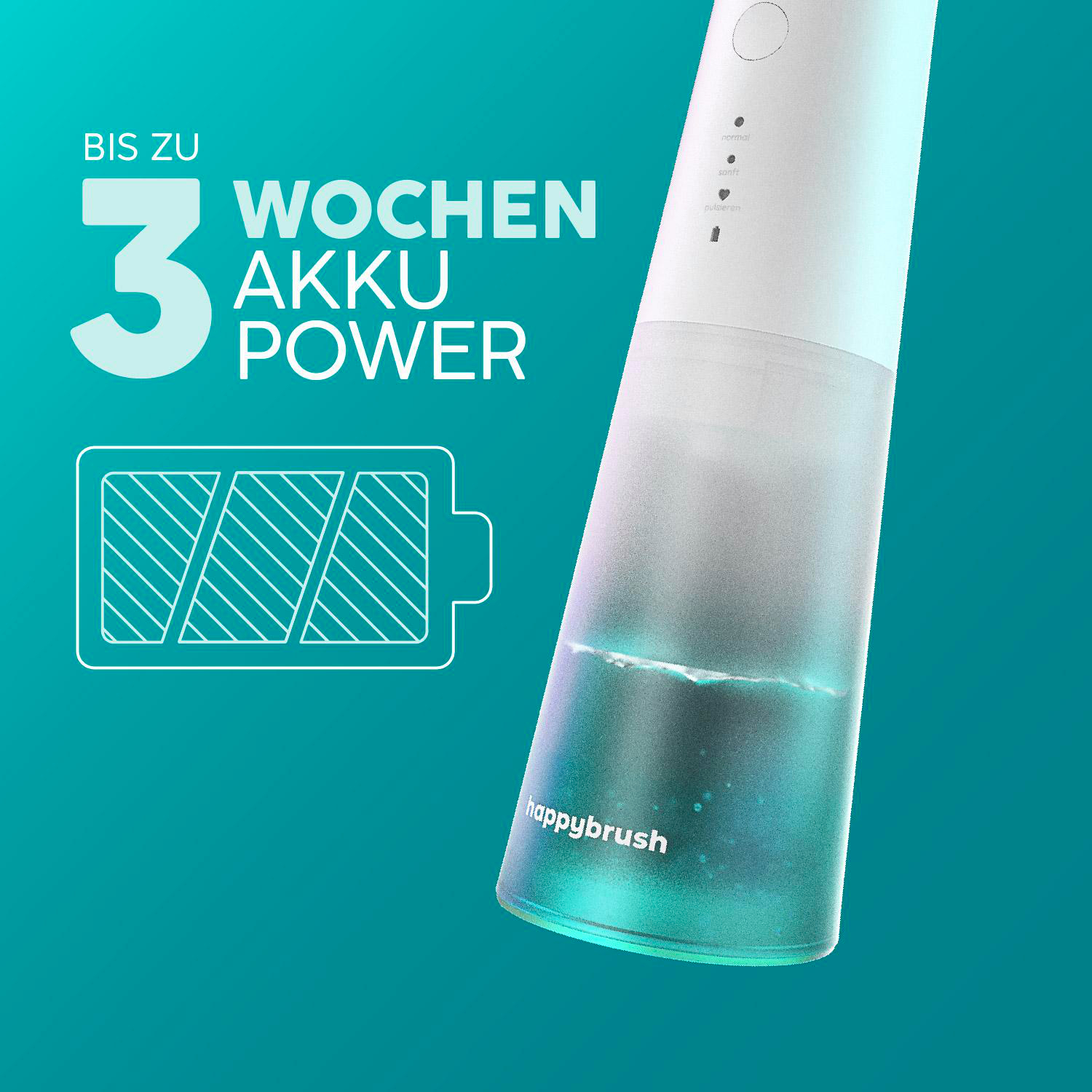 Happybrush Munddusche vor blauem Hintergrund mit Text zur Akkulaufzeit.