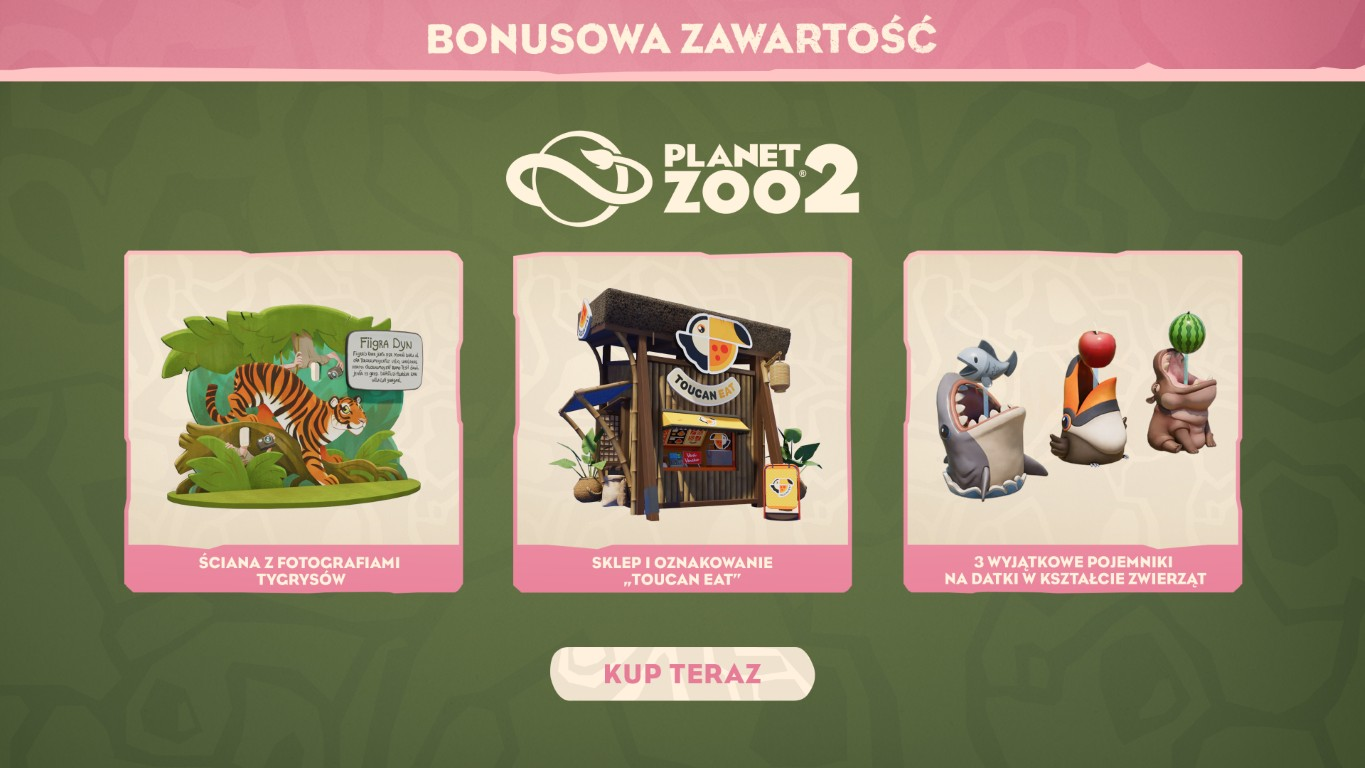 Zawartość bonusowa Planet Zoo 2: ścianka z tygrysami, sklep Toucan Eat i trzy pojemniki.