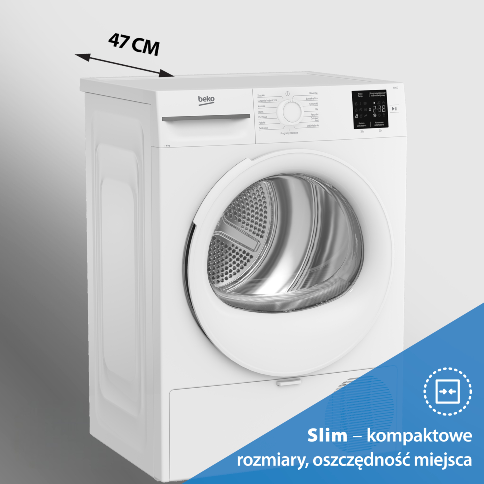 Biała suszarka Beko o głębokości 47 cm, z wyświetlaczem cyfrowym i pokrętłem.