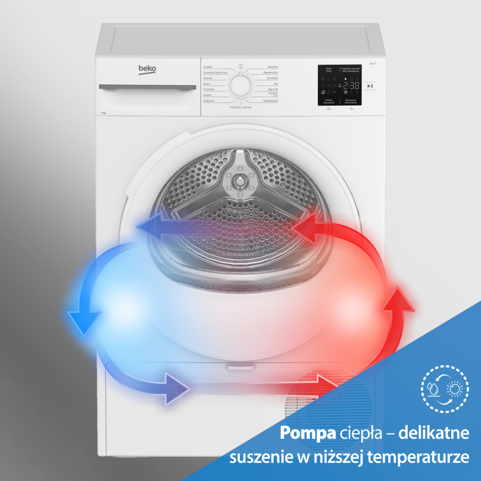 Biała suszarka Beko z pompą ciepła i strzałkami przepływu powietrza.