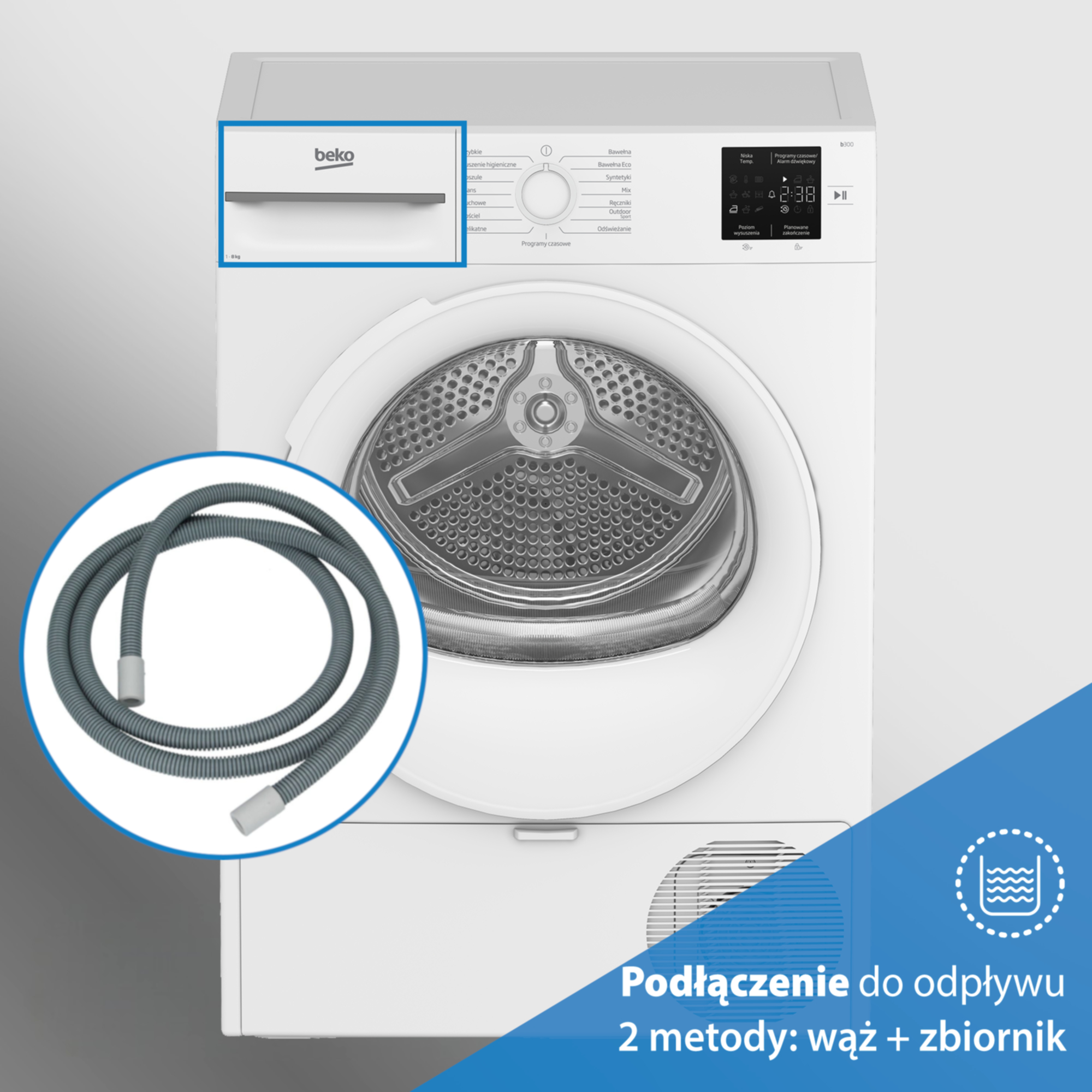 Biała suszarka Beko z zaznaczonym wężem odpływowym i panelem sterowania na niebieskiej grafice.